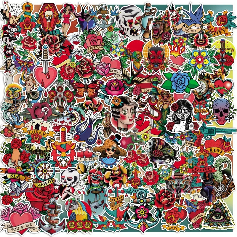 Colorful Retro Tattoo Stickers for Skateboard, Laptop, Guitar, Car, Graffiti, DIY (10/30/50/100PCS)