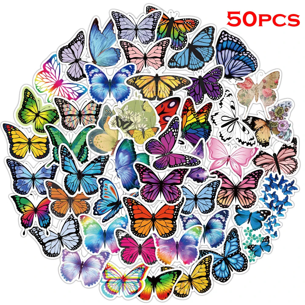 50pcs Waterproof PVC Flower Butterfly Stickers for DIY, Bicycle, Luggage, Skateboard