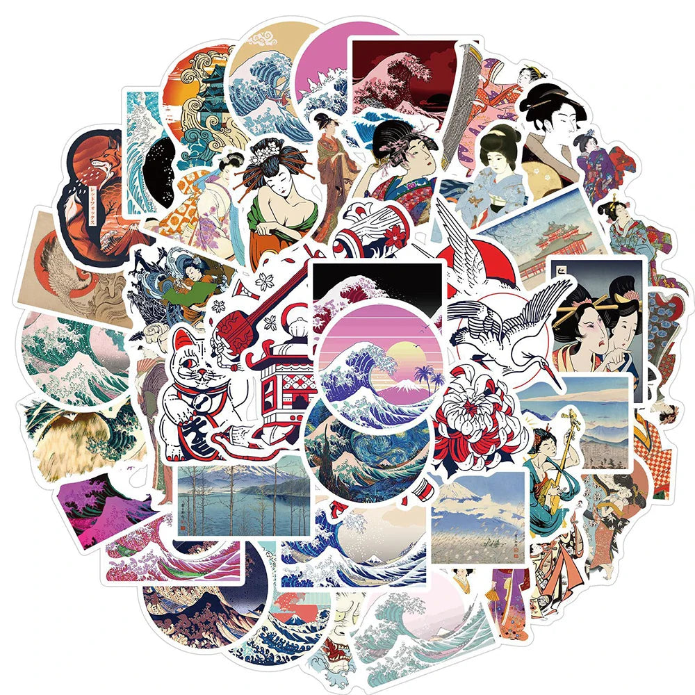 Ukiyo-e Wave Stickers: 10/30/50pcs Waterproof Decals for Skateboard, Laptop, Bicycle