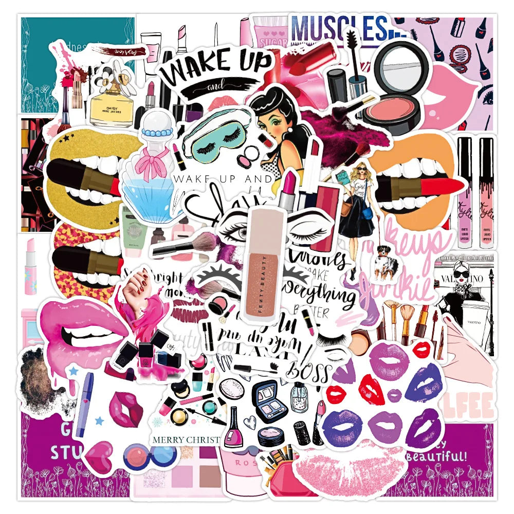 Makeup Pink Stickers Set: Laptop, Phone, Water Bottle, Luggage, Waterproof Decals