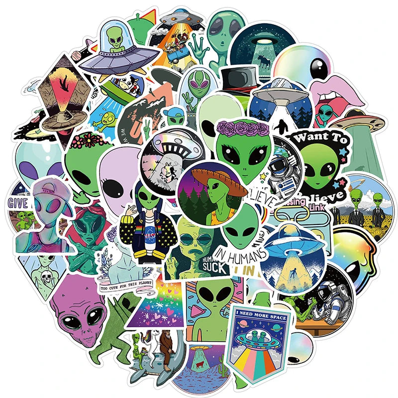 Aliens UFO Stickers Cartoon Decals for Skateboard, Fridge, Guitar, Laptop, Phone, Luggage, Kids - 10/30/50pcs