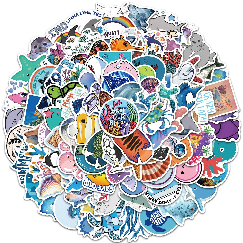 10/50/100PCS Sea Fishes Animal Stickers Ocean World Plants Coral Jellyfish Cute Cartoon Waterproof Sticker Scrapbook Decals