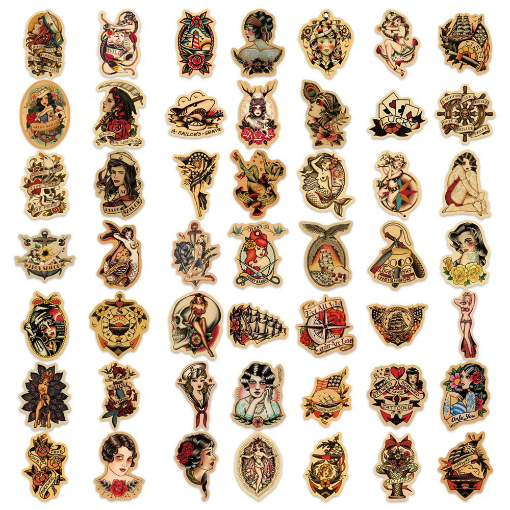 10/30/50/100pcs Retro Old School Tattoo Style Stickers Skateboard Car Phone Bike Laptop Luggage Sexy Girl Waterproof Sticker