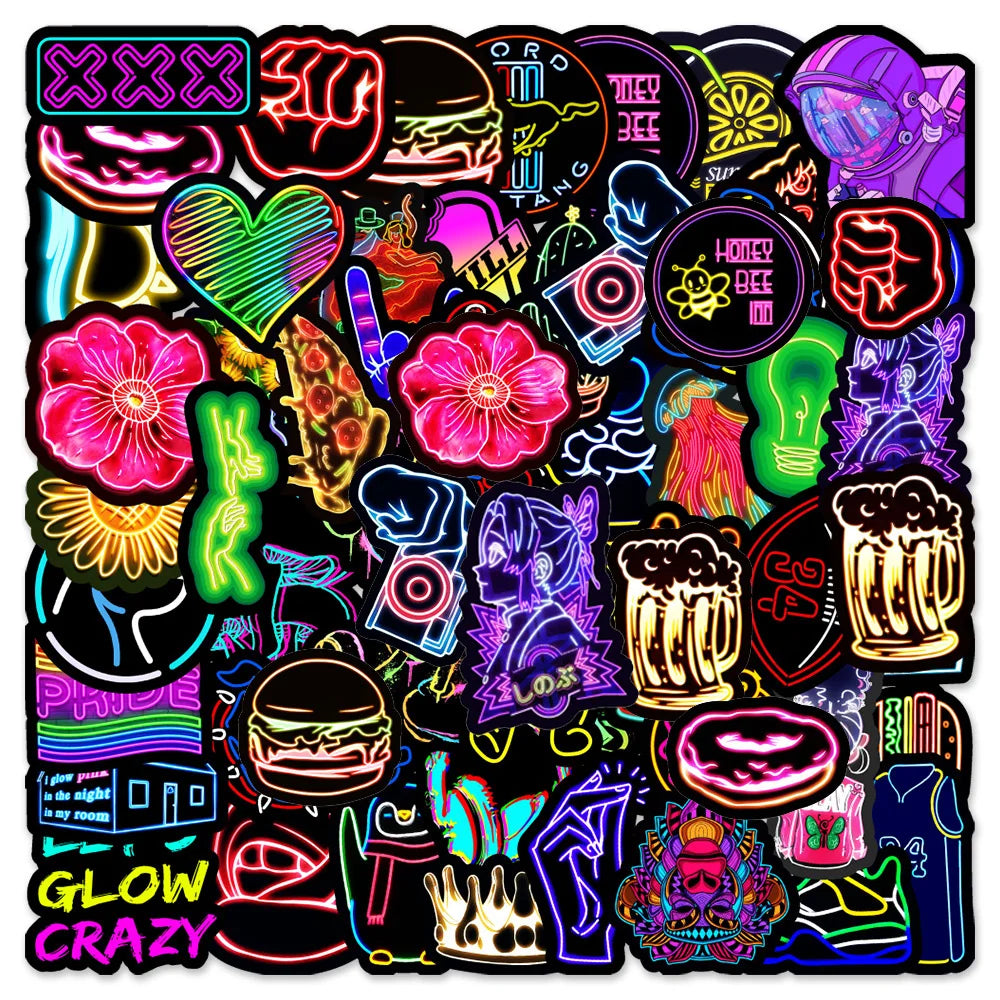 Cartoon Neon Light Stickers 10/30/50pcs Decals for Motorcycle Phone Laptop Car PVC