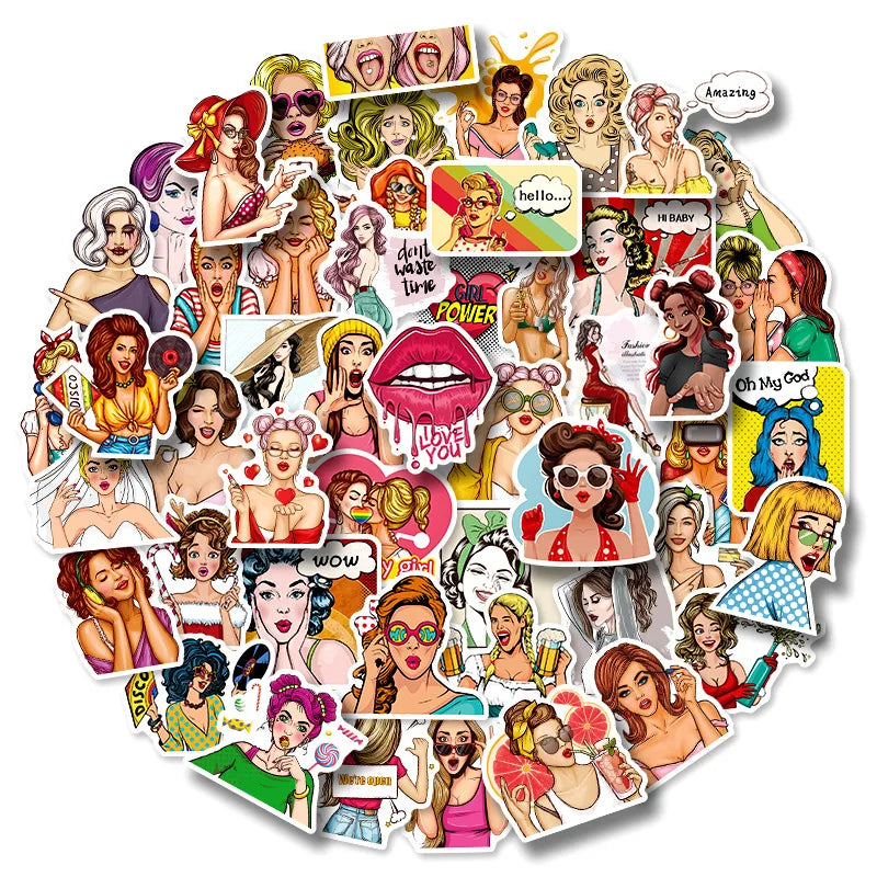 Retro Pop Art Girl Stickers - 10/30/50pcs for Car, Guitar, Motorcycle, Luggage, Phone, Bike, Suitcase, DIY Toy