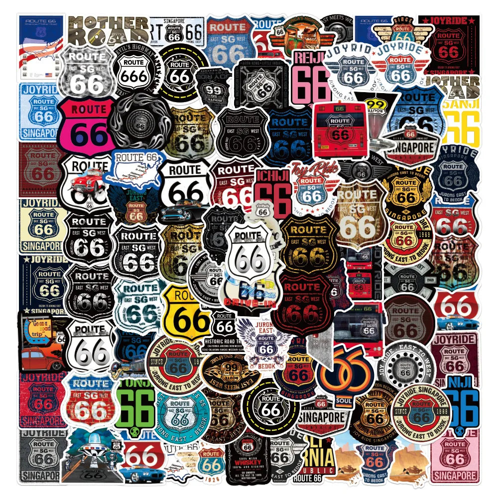 Retro Route 66 Graffiti Stickers - Waterproof Decals for Skateboard, Guitar, Laptop, Motorcycle, Car (10/30/50/100PCS)