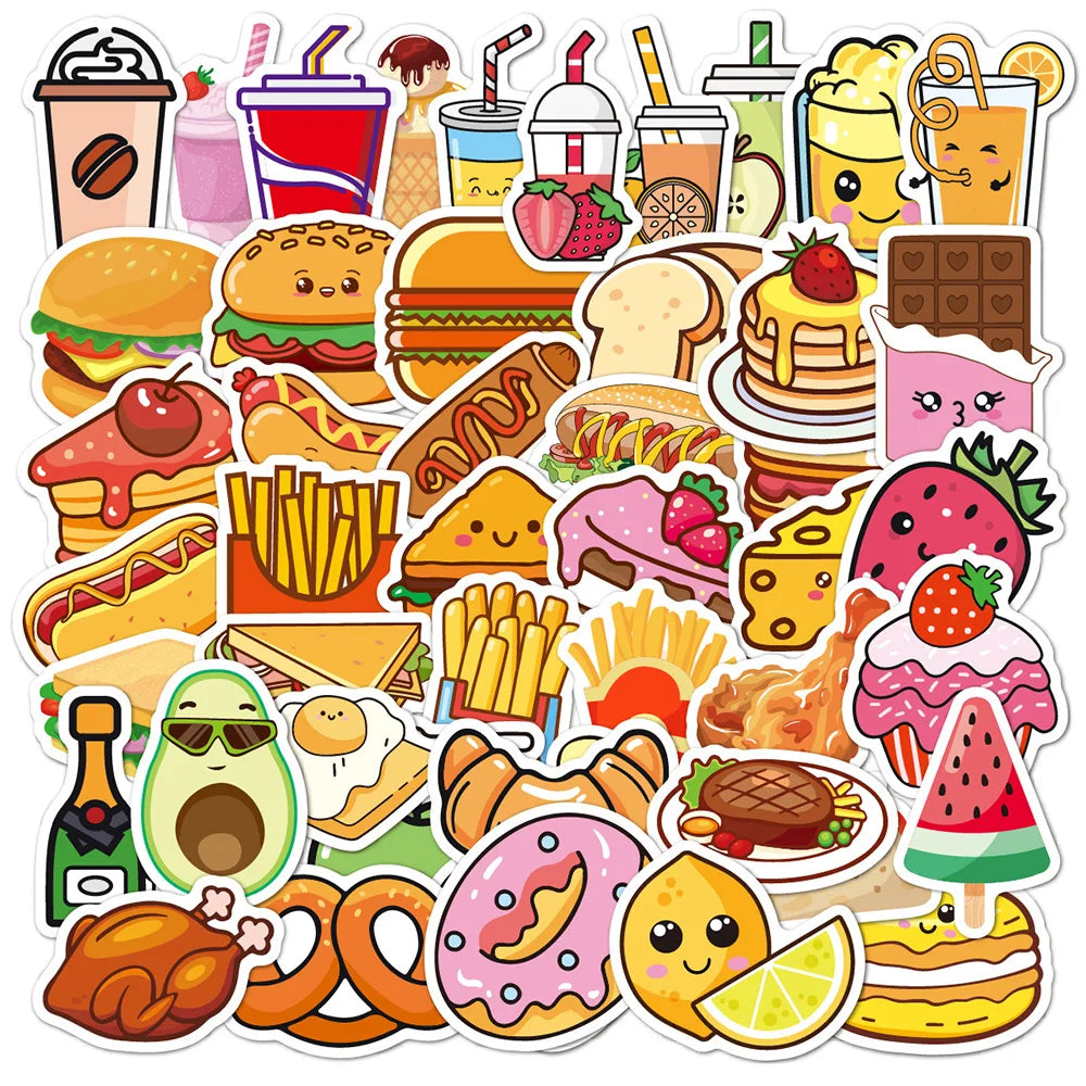 Cartoon Food Stickers: Hamburger, Drink, Cake, Fruit - Laptop, Luggage, Skateboard Decals (10/30/50PCS)