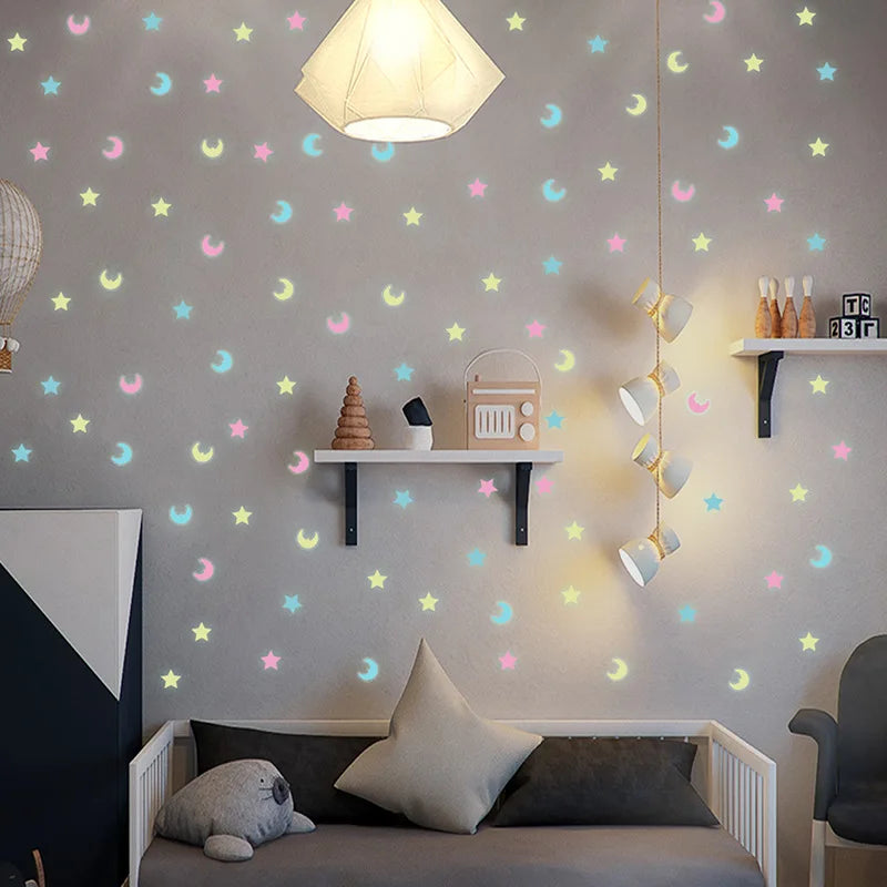 100Pcs Glow in the Dark Star Moon Wall Stickers for Kids Rooms