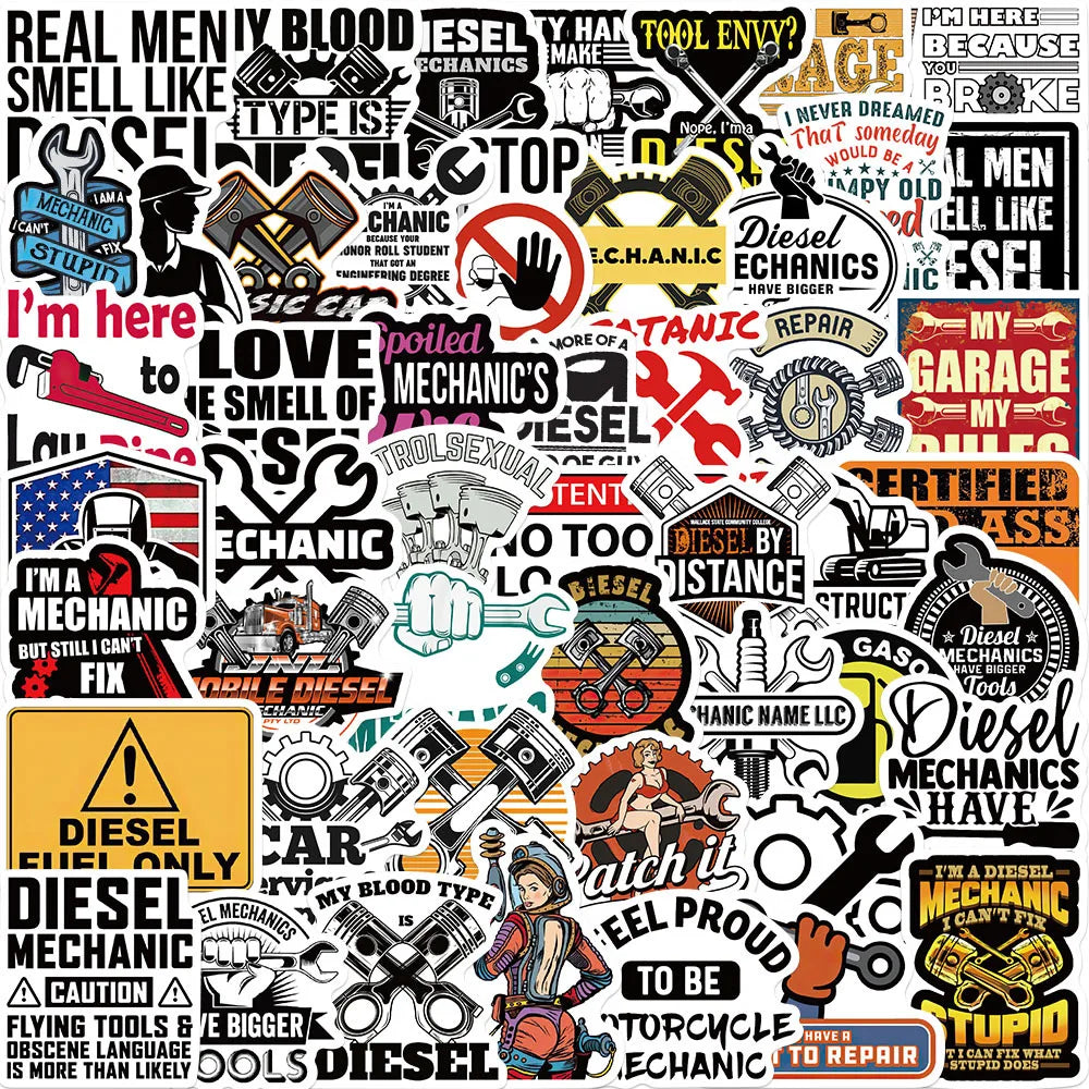 Cartoon Diesel Mechanic Stickers Waterproof for Skateboard, Motorcycle, Laptop, Car, Phone, Luggage (10/30/50pcs)