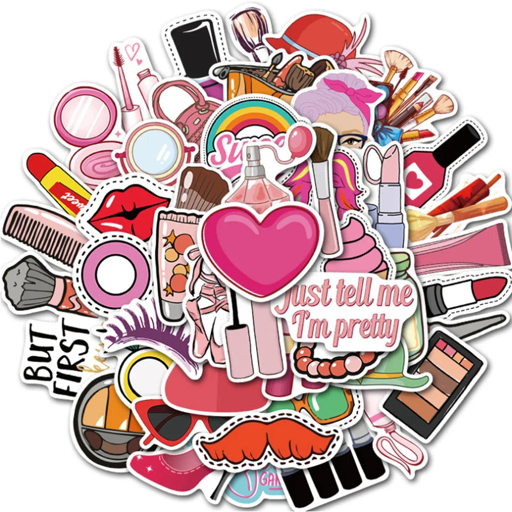 Funny Makeup Lipstick Perfume Cartoon Stickers for Skateboard, Luggage, Laptop, Motorcycle - 10/30/45pcs