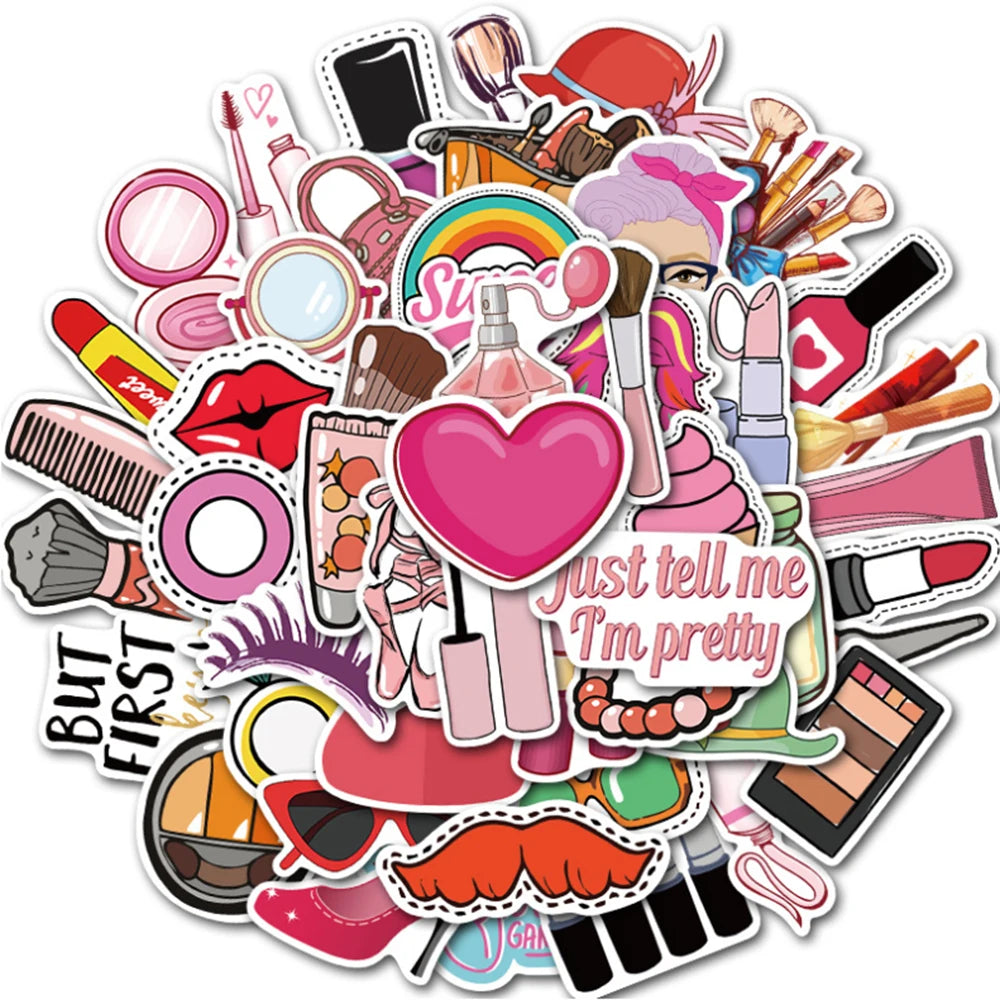 Funny Makeup Lipstick Perfume Cartoon Stickers for Skateboard, Luggage, Laptop, Motorcycle - 10/30/45pcs
