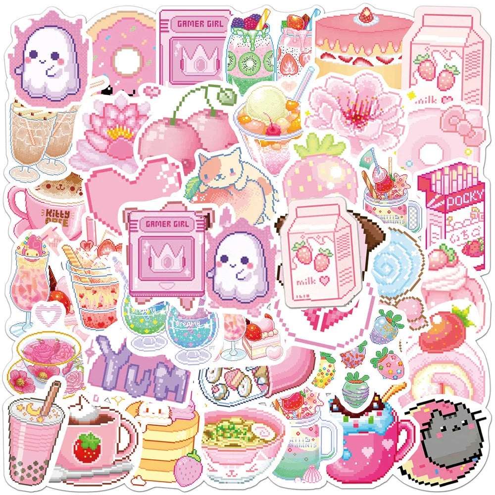 Cute Pink Pixel Cartoon Stickers Waterproof Decals for Bike, Luggage, Laptop, Kid Toy