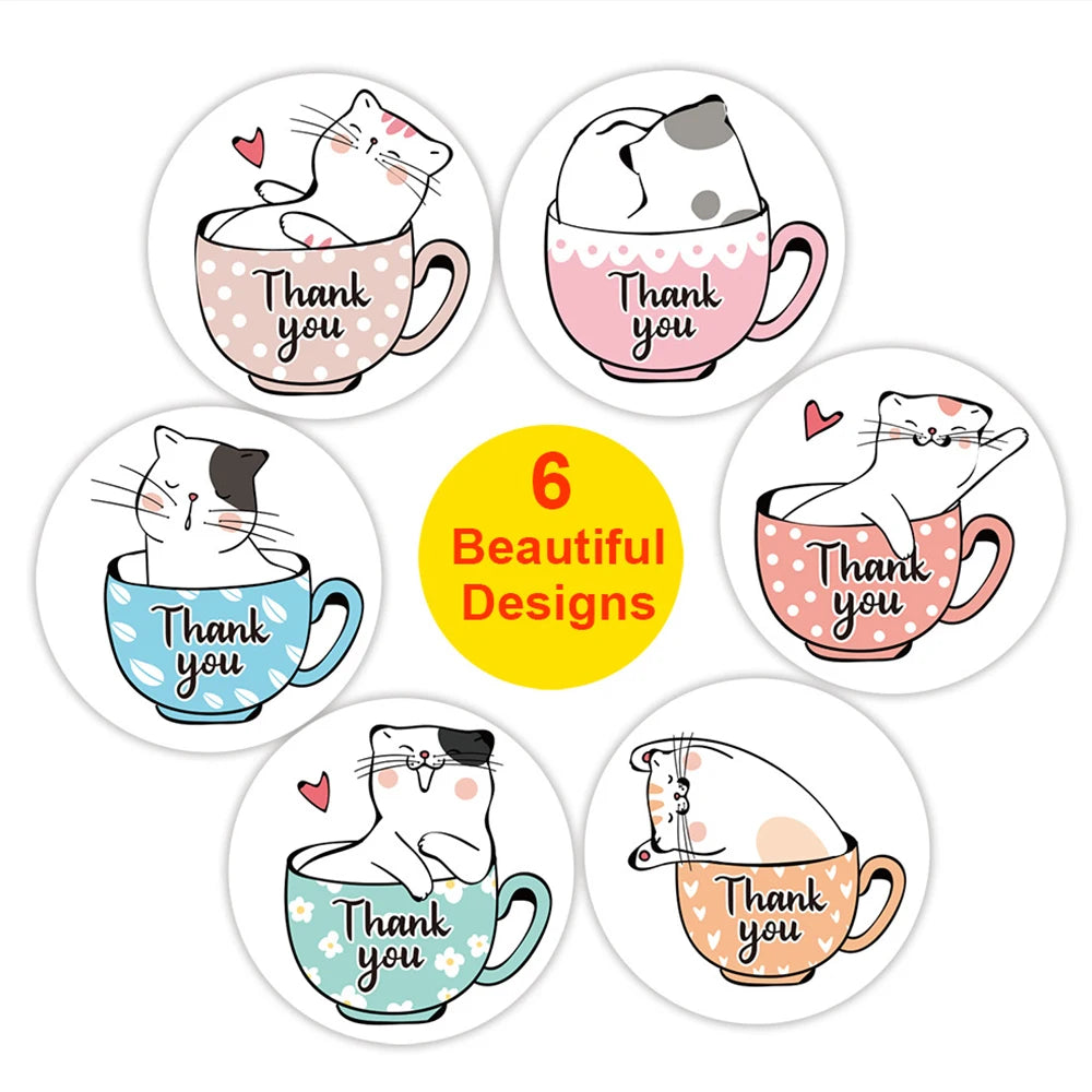 100-500pcs Thank You Cats Stickers For Kids Reward Stickers Thanksgiving Labels Toys 6 Beautiful Designs Stationery stickers