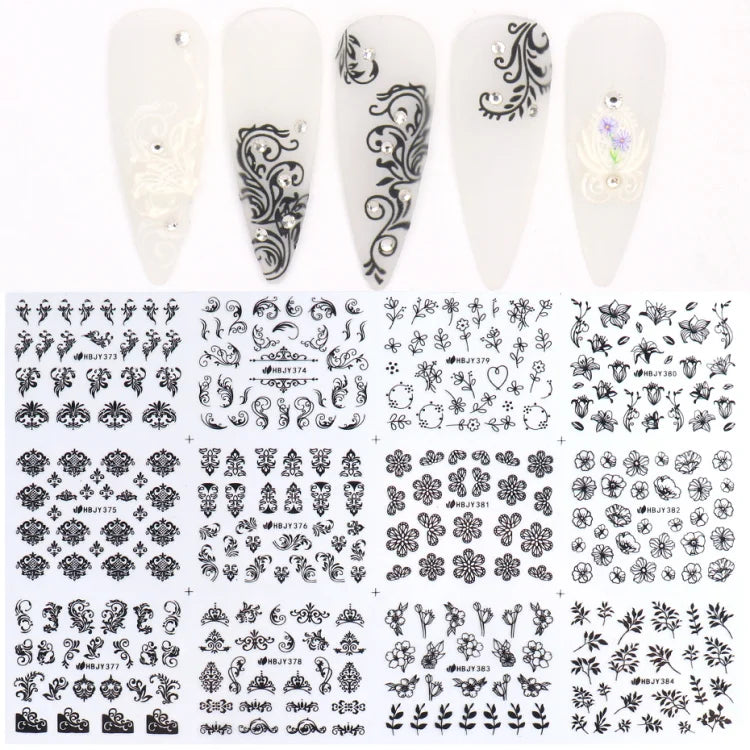 12PCS Black Nail Stickers 3D Flower Leaf Necklace Gel Decals Manicure Design
