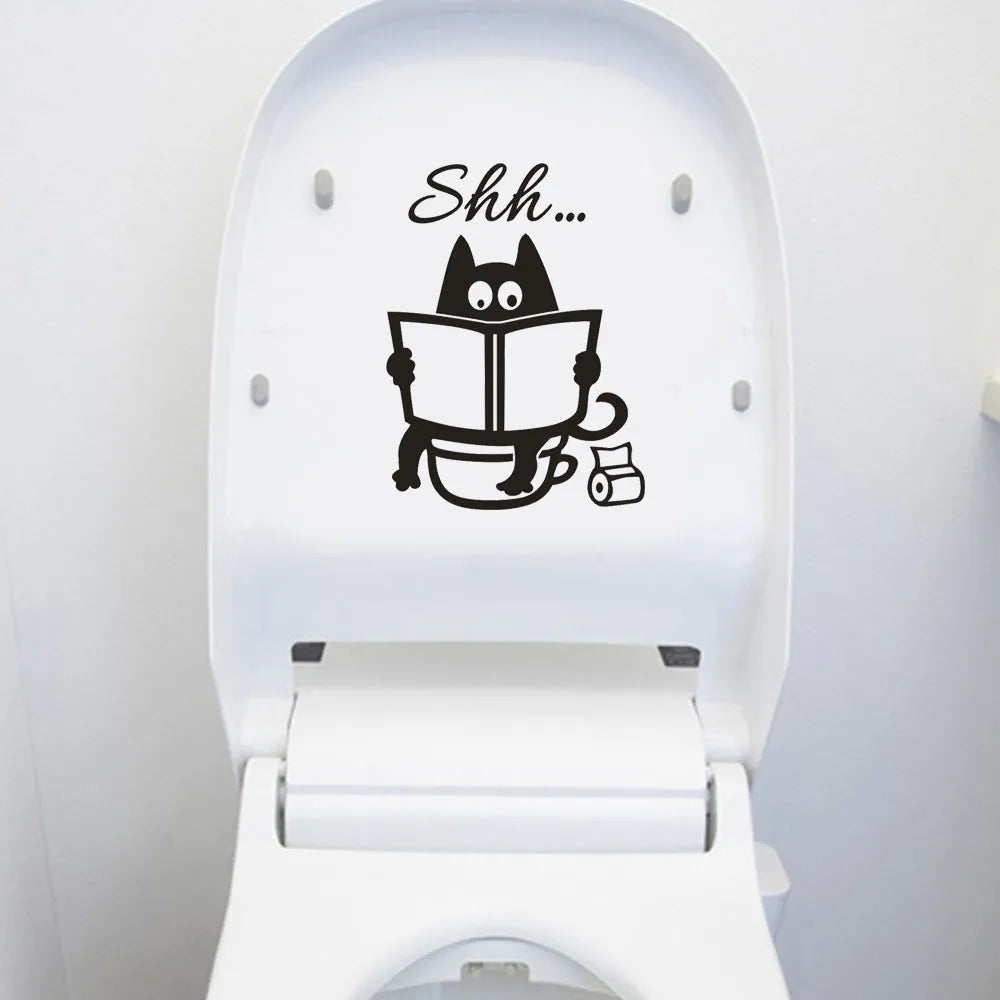 Cute Cartoon Cat Shh Toilet Stickers Diy Bathroom Door Toilet Seat Decorative Decal Funny Decor Poster Removable Vinyl Mural Art