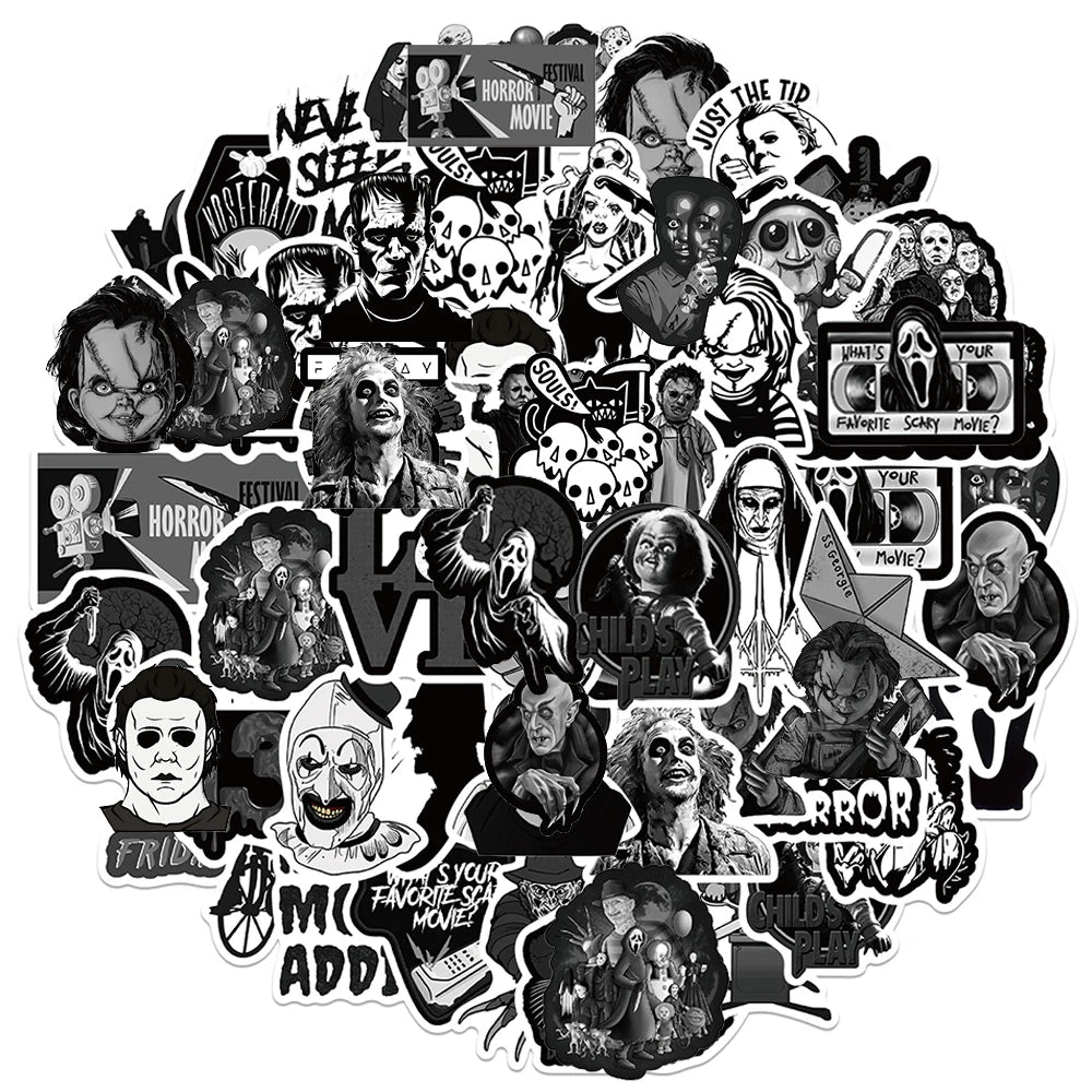Horror Movie Graffiti Stickers Pack - Black & White Cartoon Decals for Skateboard, Suitcase, Guitar