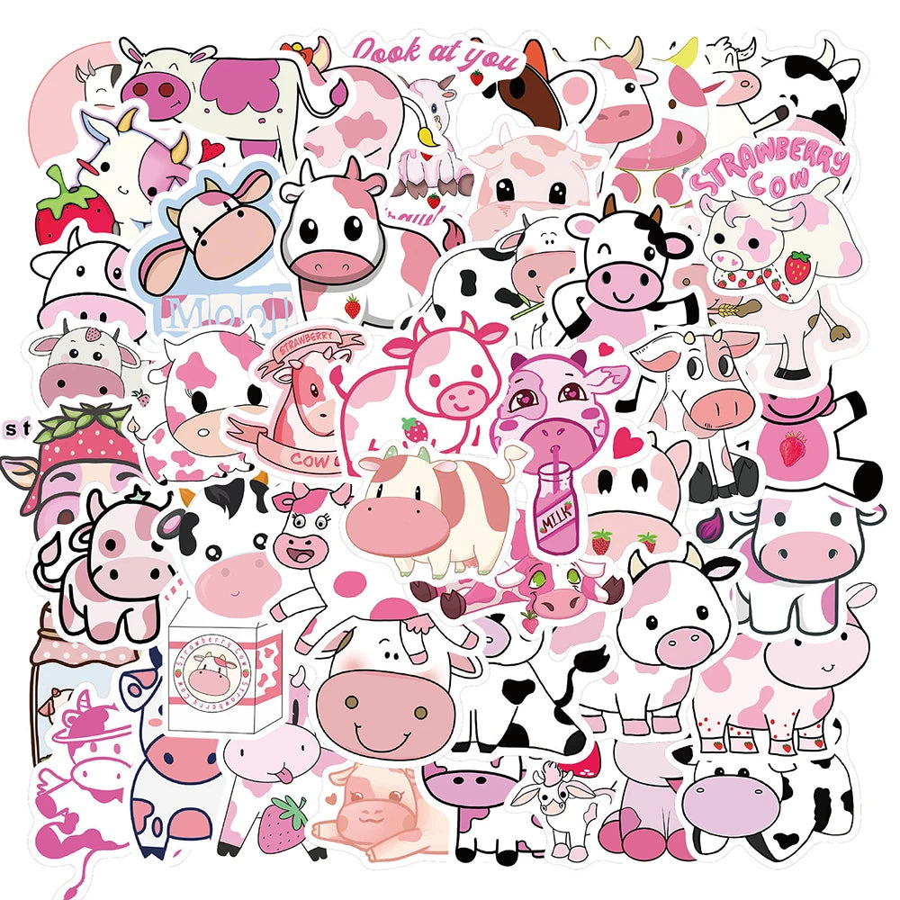 Strawberry Cow Cartoon Stickers Pack for Laptop, Guitar, Phone, Bike, Car, Kids