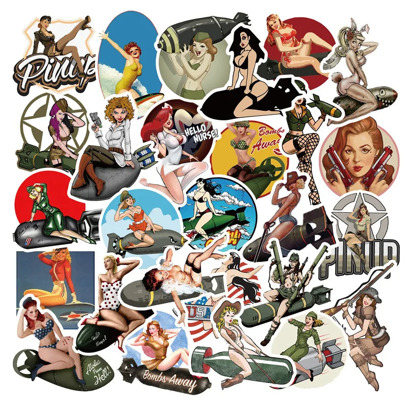 10/30/50pcs Retro World War II Pin-up Hot Girls Stickers for Laptop Luggage Motorcycle Refrigerator Skateboard Car Decal Sticker