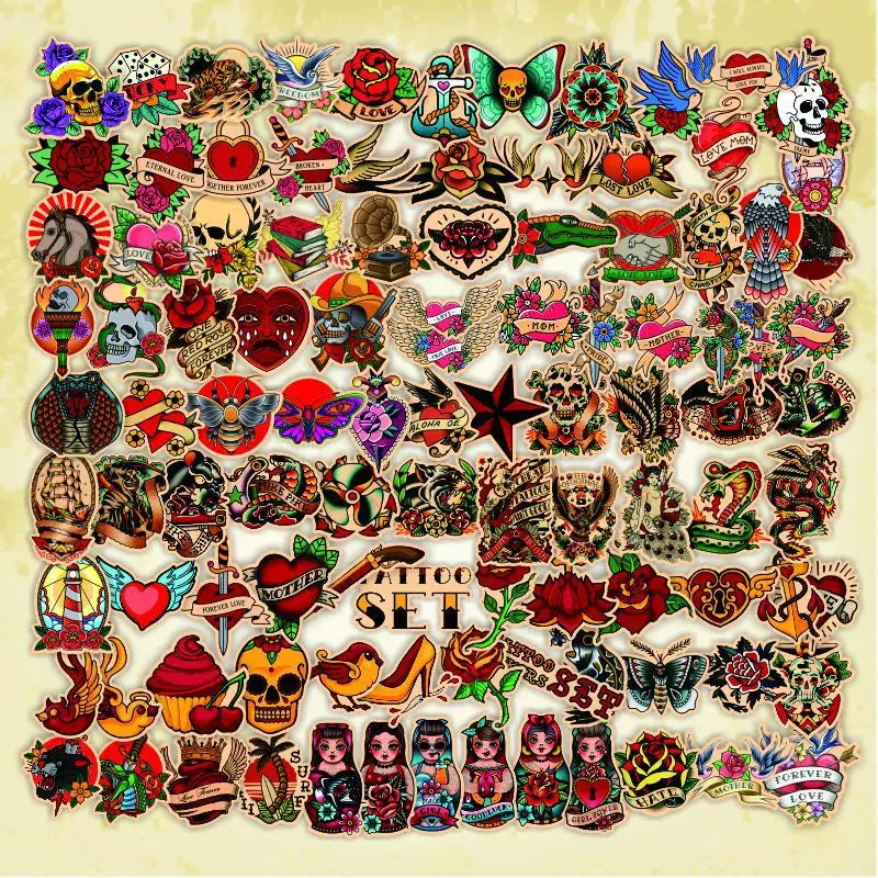 Retro Tattoo Stickers Pack - Skateboard Laptop Guitar Car Luggage Decals