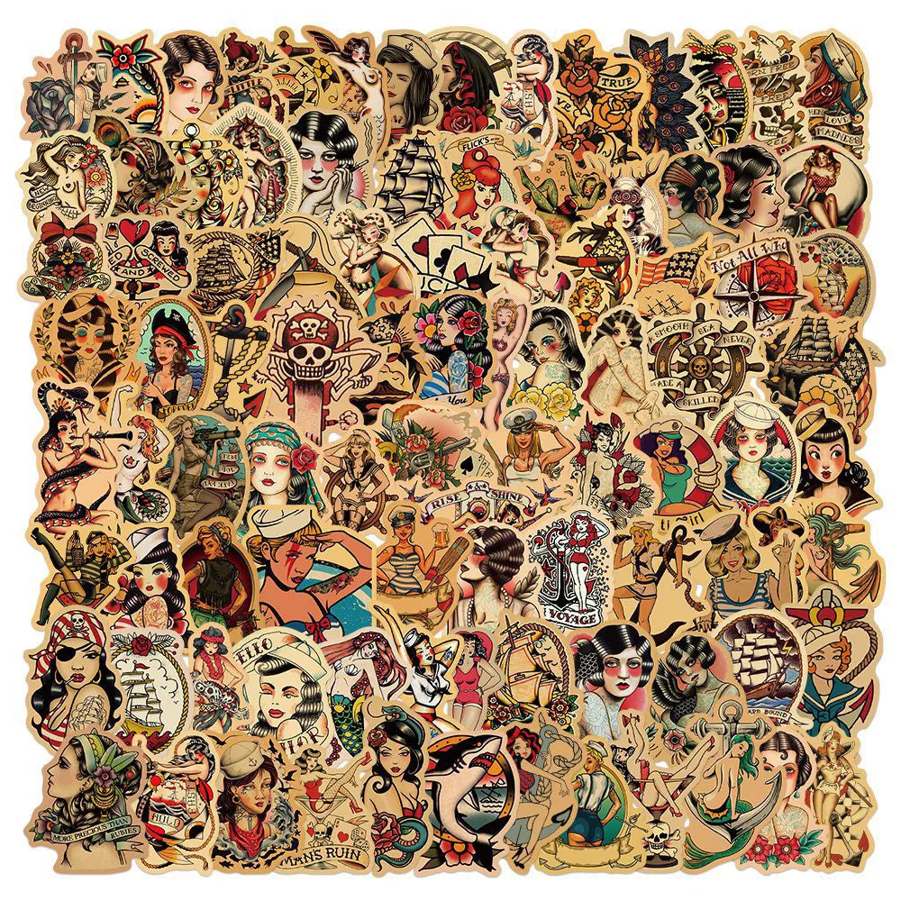 10/30/50/100pcs Retro Old School Tattoo Style Stickers Skateboard Car Phone Bike Laptop Luggage Sexy Girl Waterproof Sticker