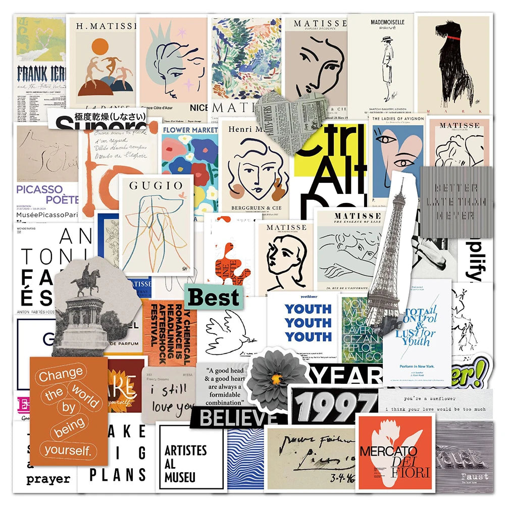 French Art Pop Cartoon Stickers: Aesthetic Laptop Phone Guitar Wall Bike Waterproof Decals Toy