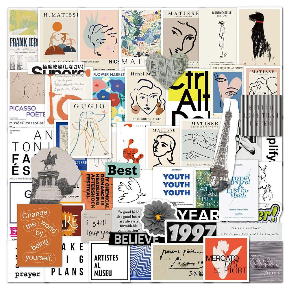 French Art Pop Cartoon Stickers: Aesthetic Laptop Phone Guitar Wall Bike Waterproof Decals Toy