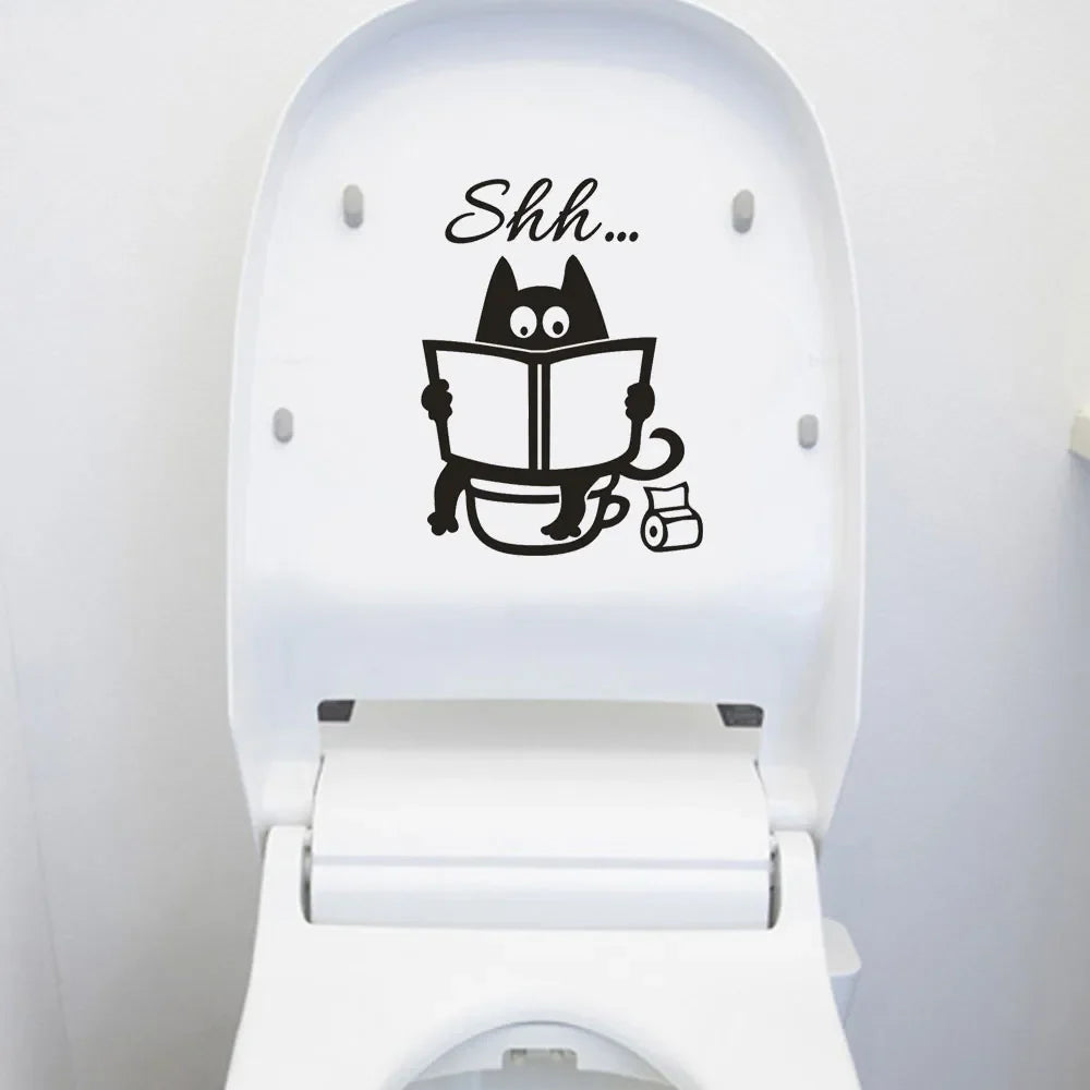 Cute Cartoon Cat Shh Toilet Stickers Diy Bathroom Door Toilet Seat Decorative Decal Funny Decor Poster Removable Vinyl Mural Art