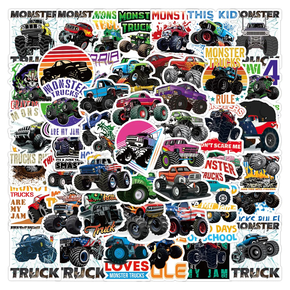 Monster Truck Race Cartoon Stickers - Laptop, Luggage, Skateboard Decals (10/30/50PCS)