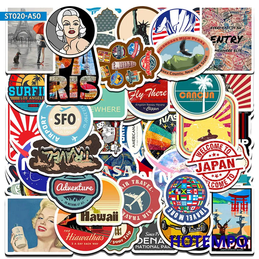 50Pieces Cultural Symbols Logo Retro Travel Style Stickers for Scrapbook Phone Laptop Luggage Guitar Motorcycle Car Sticker Toys