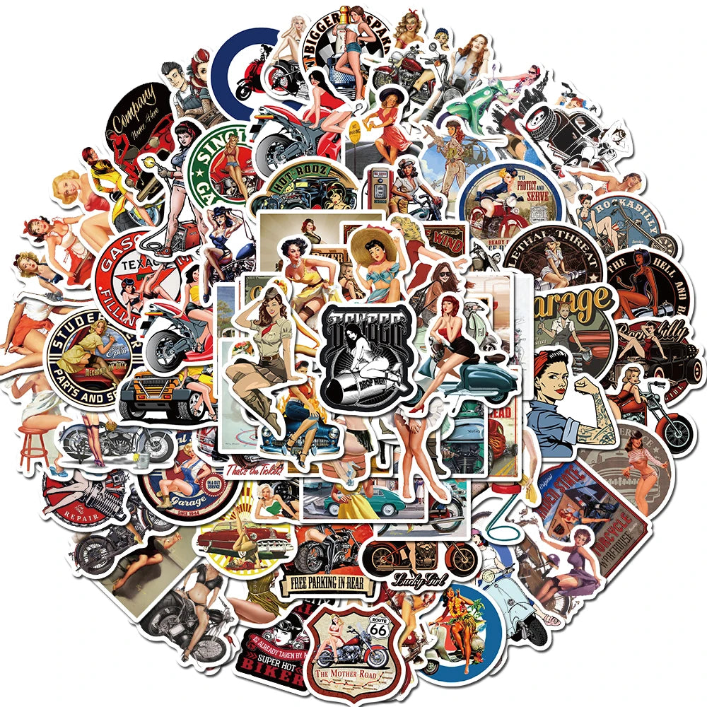 10/30/50/100pcs Retro Poster Motorcycle Girl Personality Sticker for Laptop Motorcycle Skateboard Luggage Decal Toy Stickers