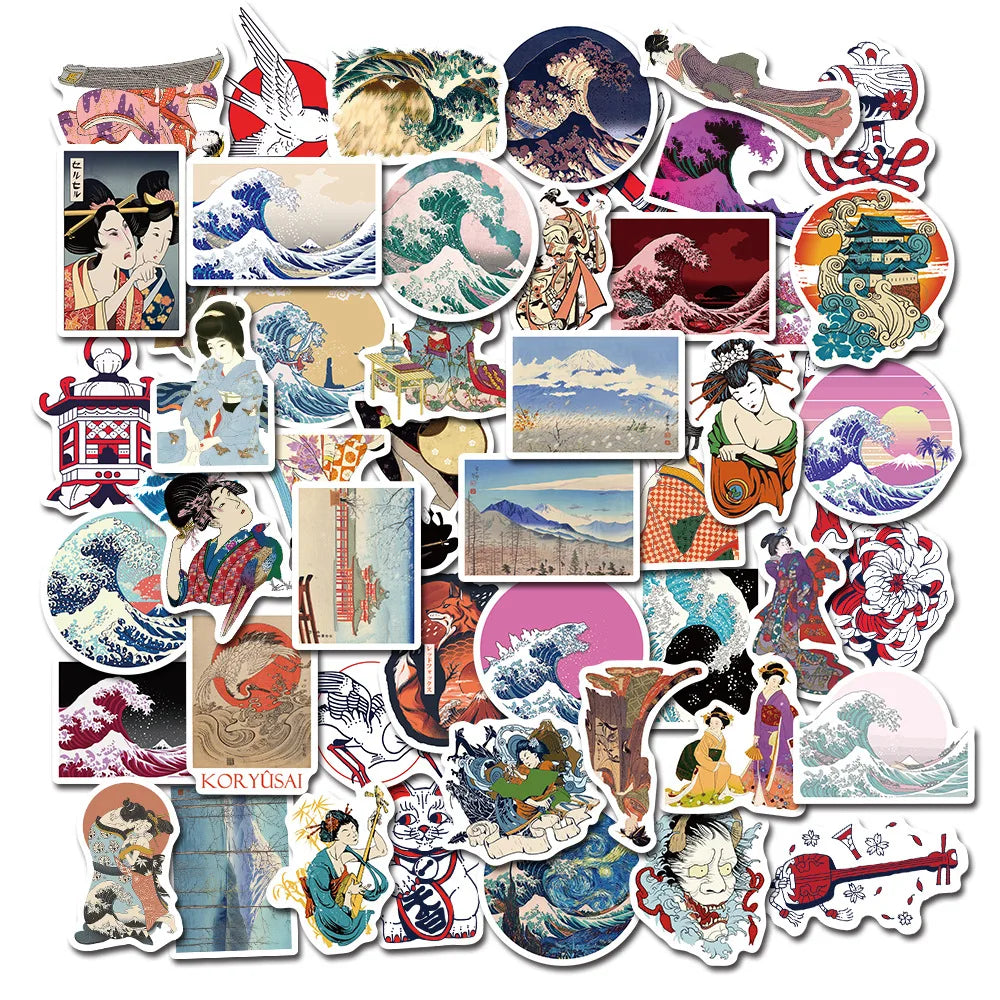 50PCS Vintage Sea Wave Stickers Ukiyo-e Art for Laptop Guitar Stationery Decals