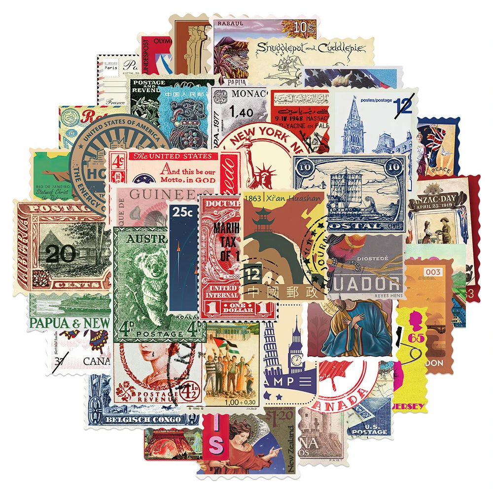 Vintage Travel Stamp Stickers 10/30/50pcs Waterproof Decals for Scrapbook, Phone, Laptop, Guitar, DIY