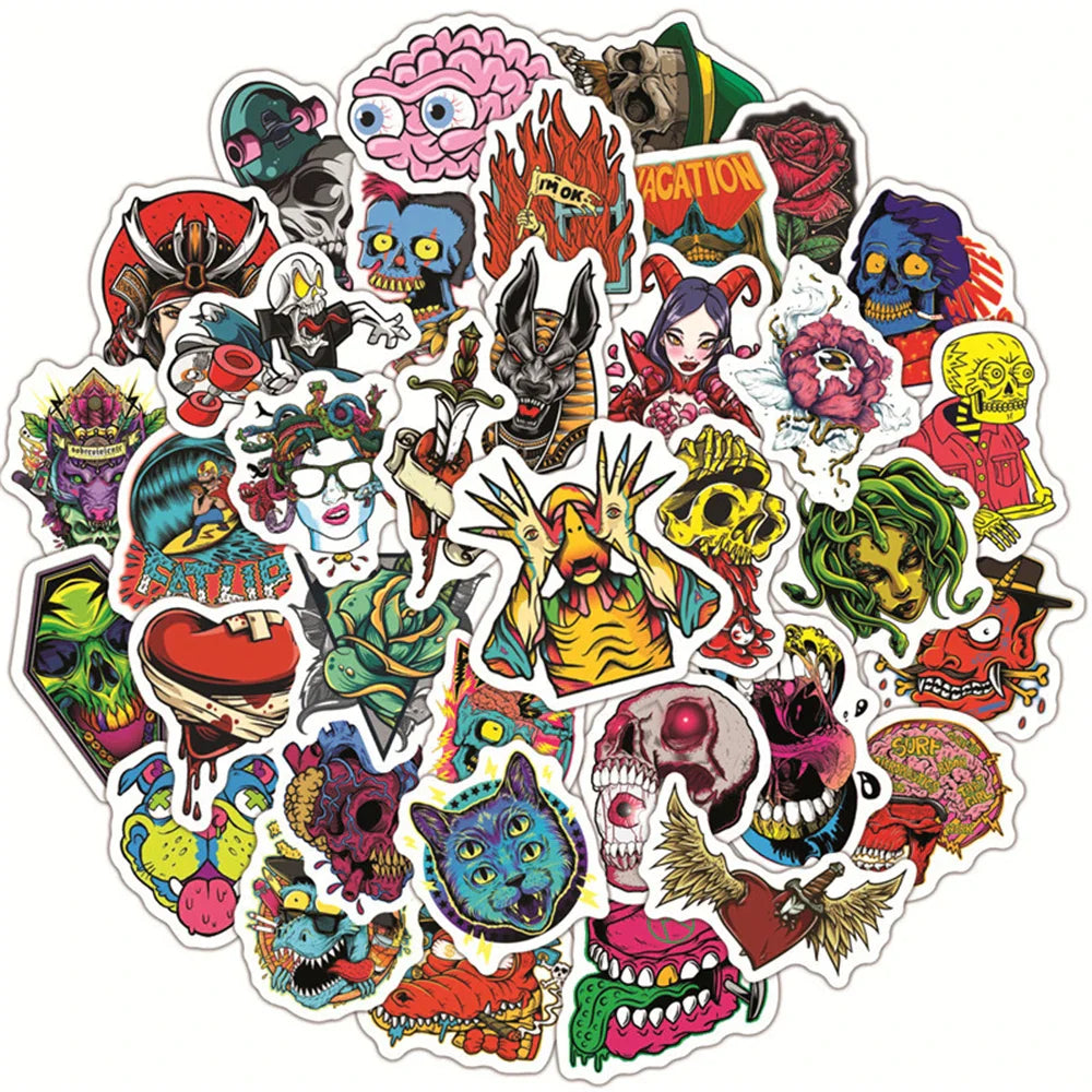 Gothic Skull Stickers: 10/30/50pcs Waterproof Decals for Guitar, Laptop, Skateboard, Luggage, Phone