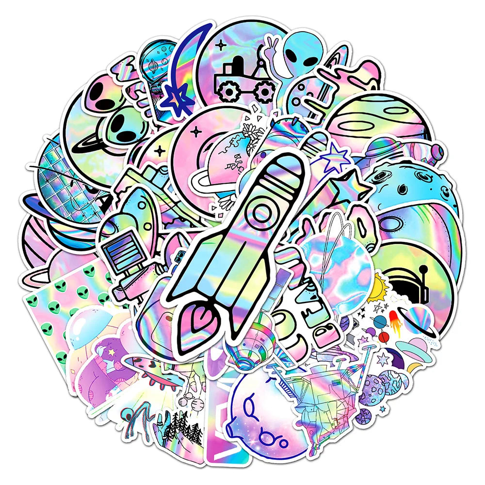 Laser Alien Space Stickers - 10/30/50PCS for Laptop, Luggage, Skateboard, DIY Decals