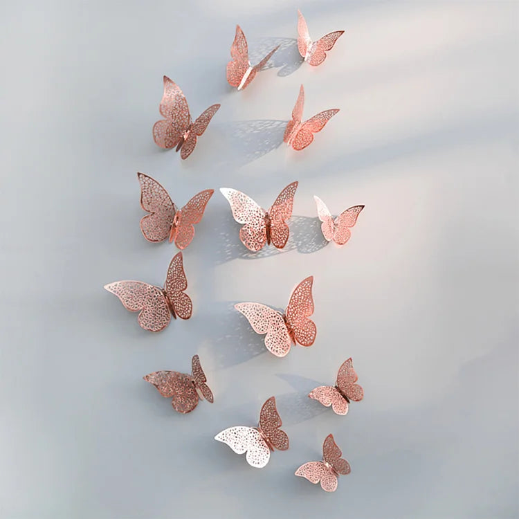 12Pcs Rose Gold 3D Butterfly Wall Stickers Home Decor