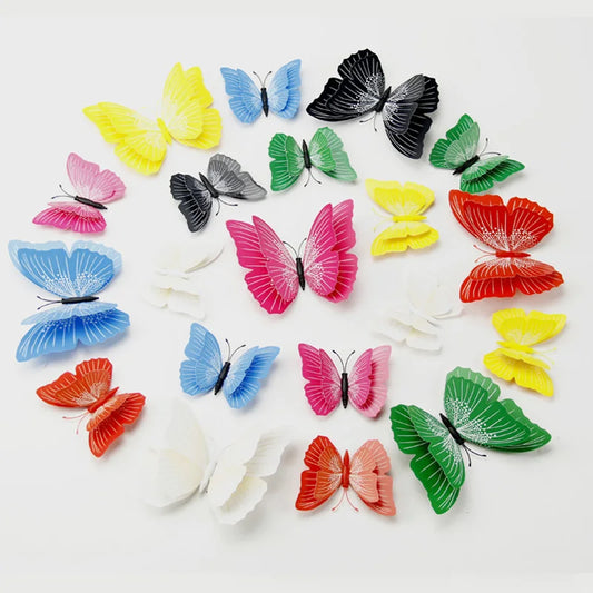 12pcs 3D Butterfly Wall Stickers - Double Layer, Solid Colors, Magnetic Decor