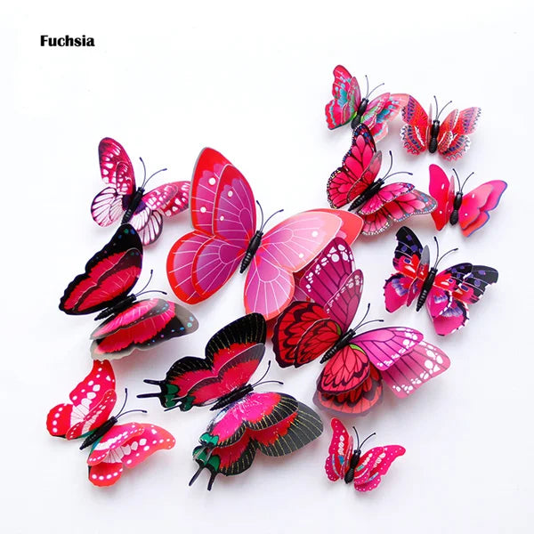 3D Butterfly Wall Stickers - 12Pcs Double Layer Decor for Home, Wedding, Fridge