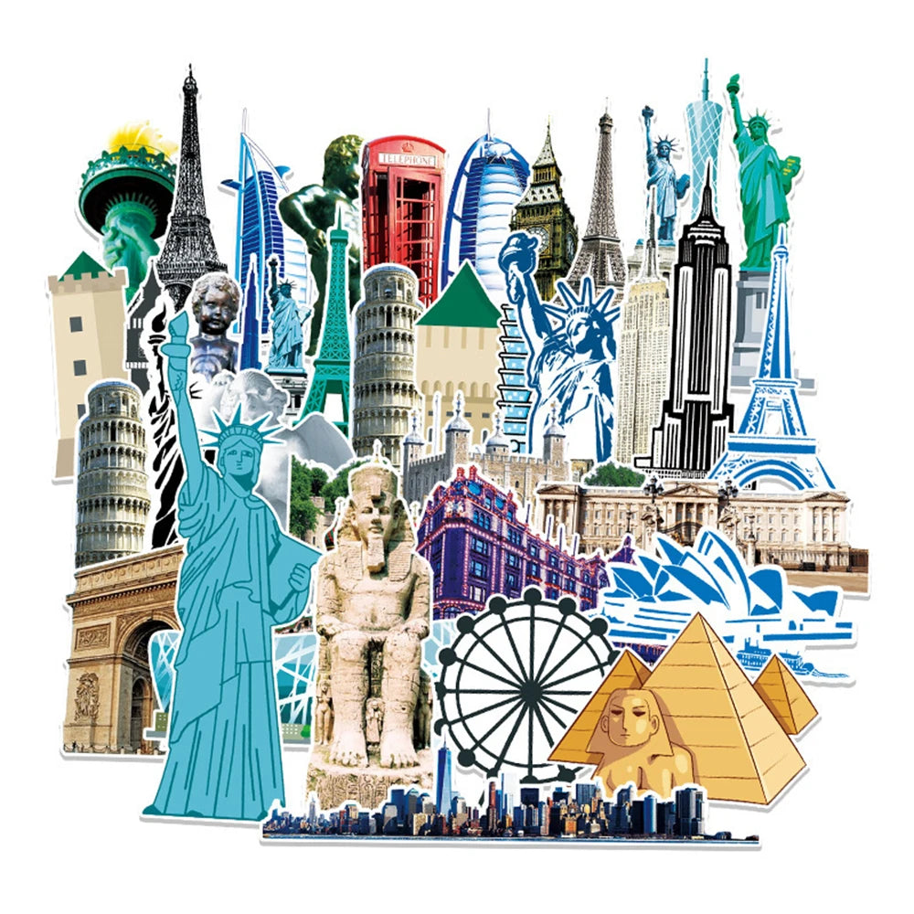 World Landmark Stickers Decal Set for Luggage, Laptop, Guitar, Skateboard, Car