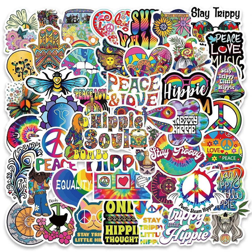 Retro Hippie Stickers Pack - Waterproof Decals for Motorcycle, Laptop, Luggage, Skateboard, DIY Toy