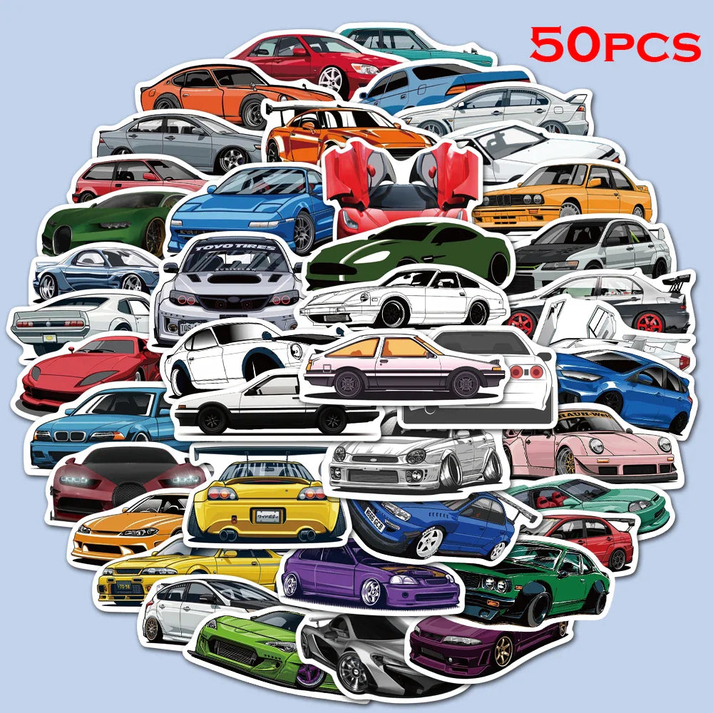 50pcs Cartoon Car Stickers for Luggage Laptop Bike Skateboard Waterproof Kids Toy Graffiti