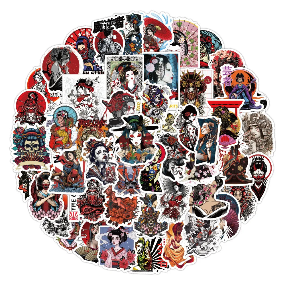 Geisha Tattoo Girl Stickers Pack - Skateboard, Suitcase, Luggage Decals