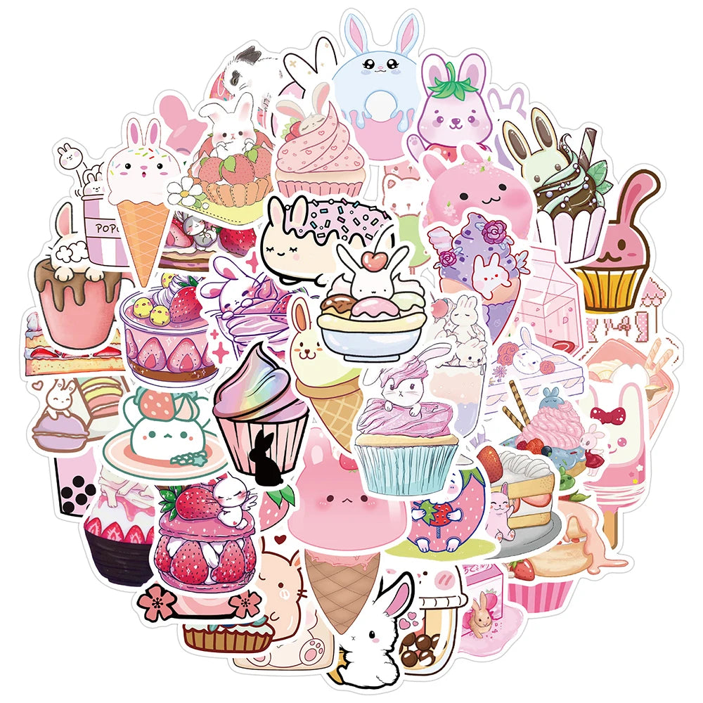 Cute Rabbit Dessert Stickers 10/30/50pcs Kawaii Pink Food Decals Waterproof for Phone Laptop Scrapbook Diary