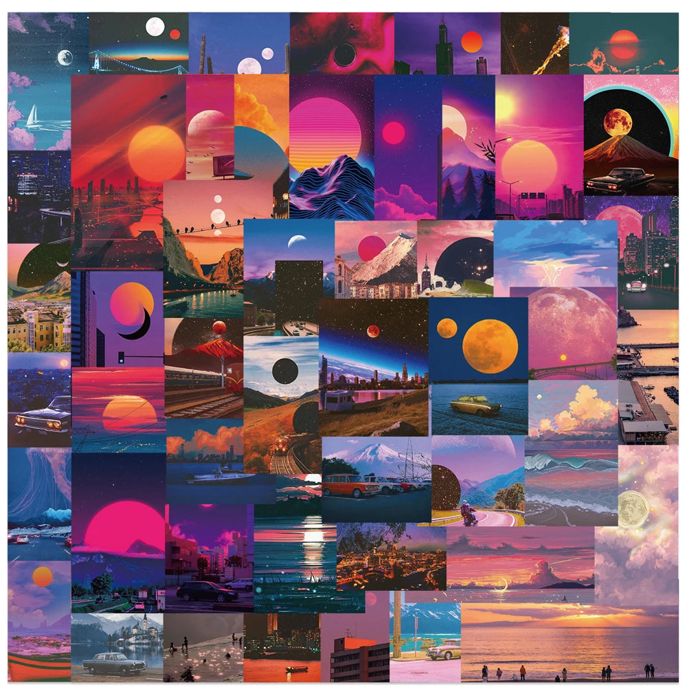 Sunset Landscape Cartoon Stickers Pack - Waterproof Aesthetic Laptop Luggage Diary Guitar Phone Decals