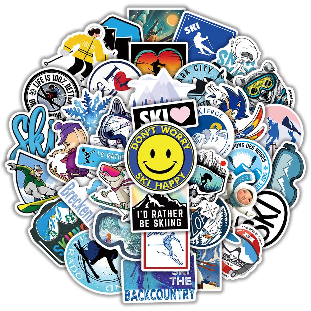 10/50pcs Skiing Sticker Winter Outdoor Sport Graffiti Cartoon Stickers for Snowboard Skateboard Helmet Car Laptop Suitcase