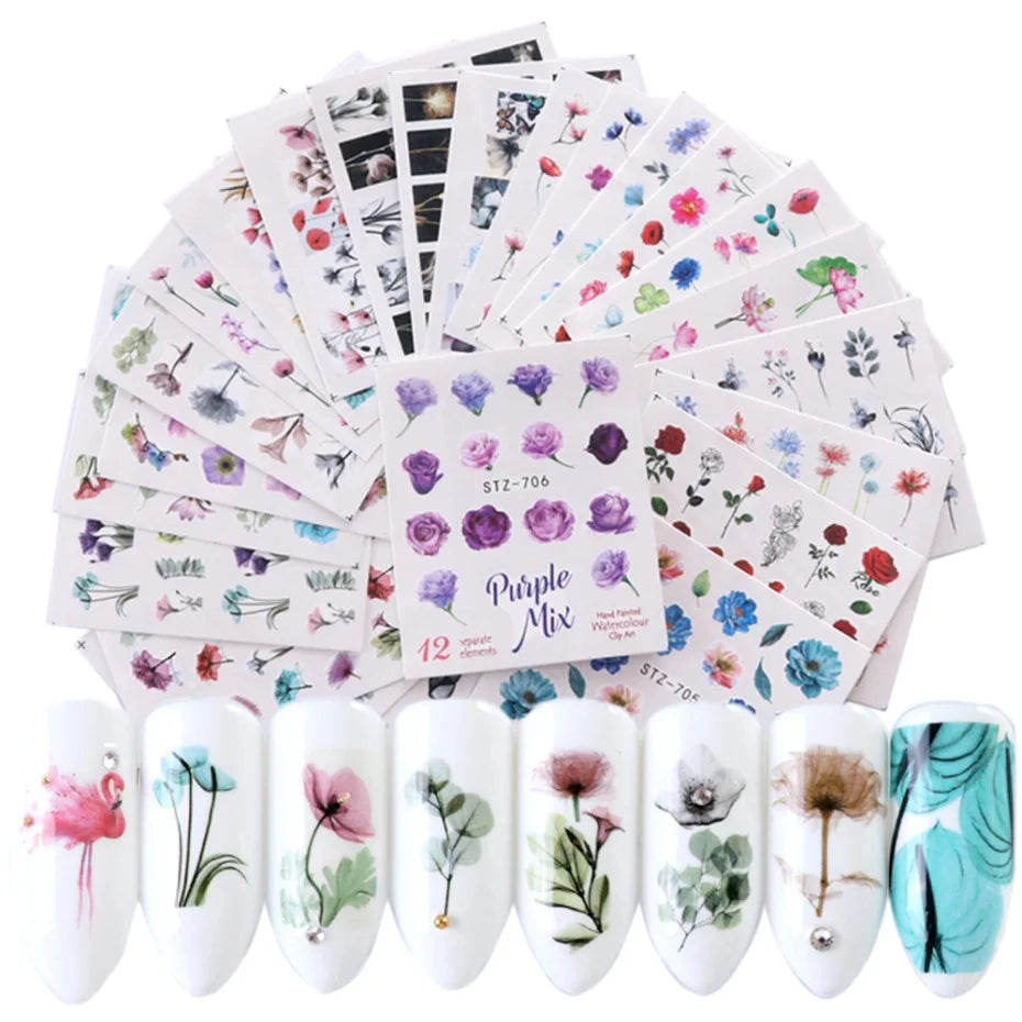 24 Spring Nail Water Stickers - Flowers, Leaves, Graffiti, Summer Bloom, 3D Manicure
