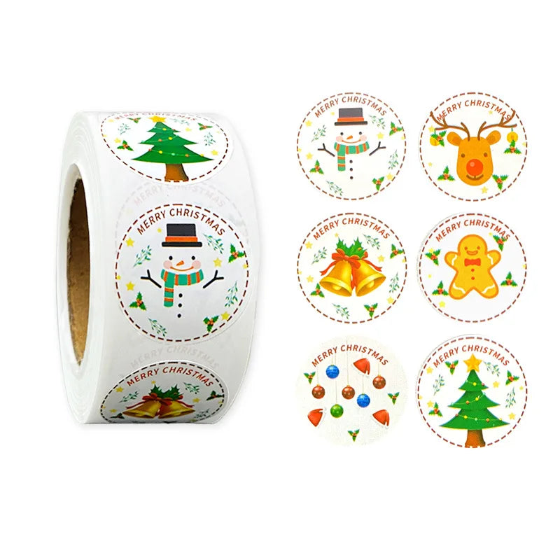 500 Pcs 2.5CM Christmas Stickers Roll - Tree, Gingerbread, Reindeer Labels
