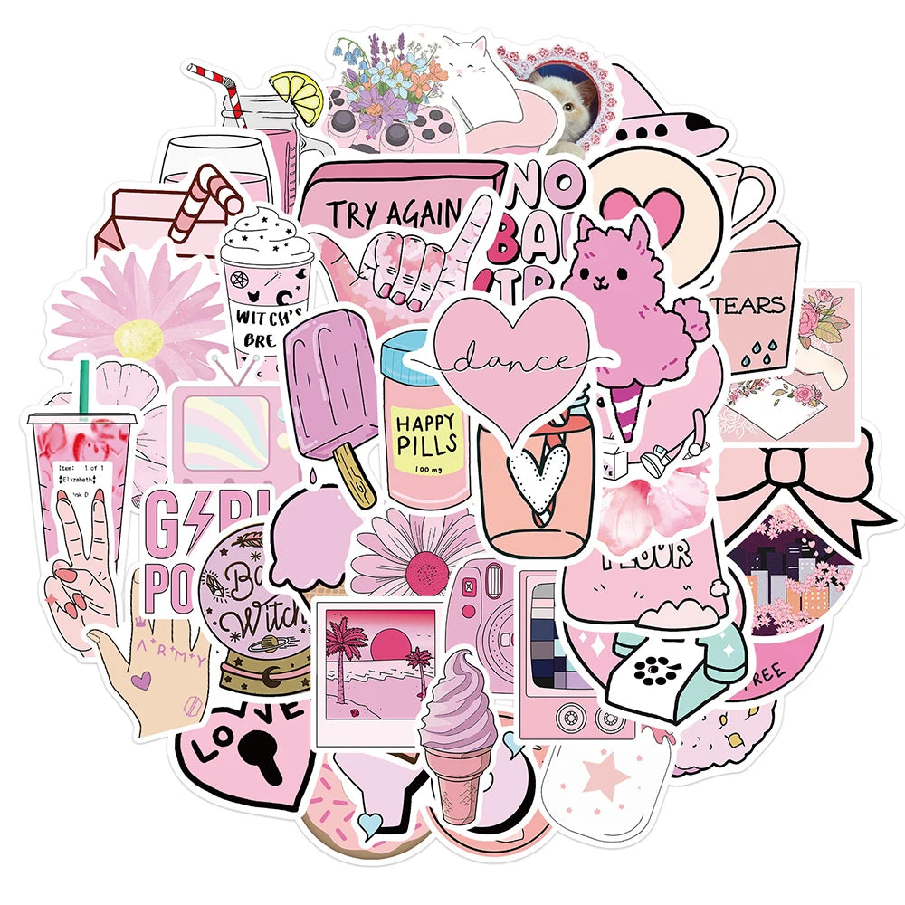 Pink Cartoon Aesthetic Stickers Pack - Waterproof for Car, Luggage, Guitar