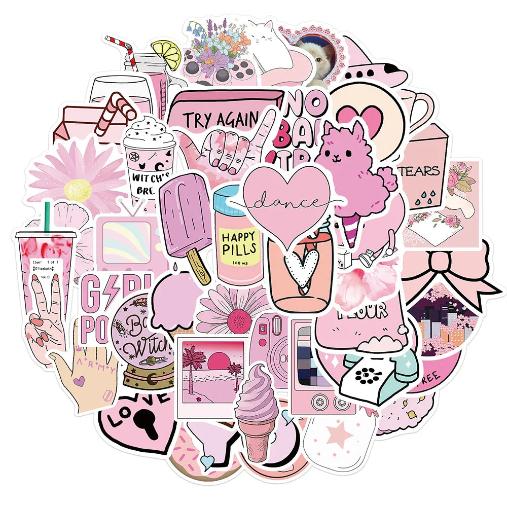 Pink Cartoon Aesthetic Stickers Pack - Waterproof for Car, Luggage, Guitar