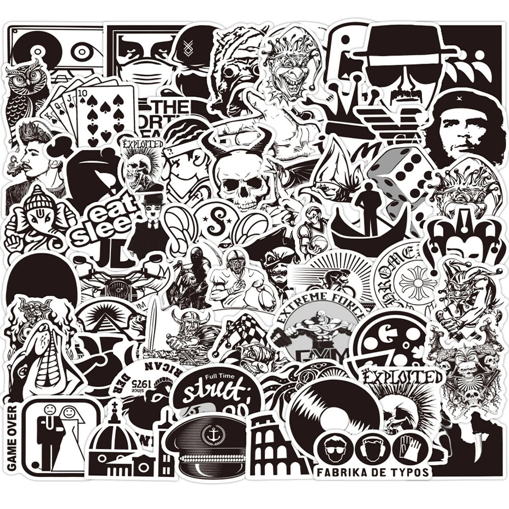 Black & White Cool Stickers: Laptop, Guitar, Luggage, Phone, Bike, Waterproof Decals (10/30/60PCS)