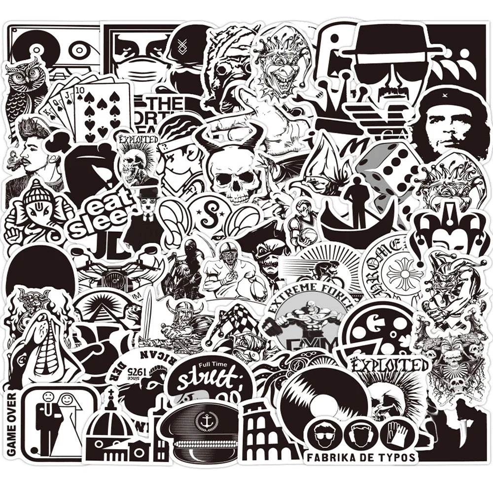 Black & White Cool Stickers: Laptop, Guitar, Luggage, Phone, Bike, Waterproof Decals (10/30/60PCS)